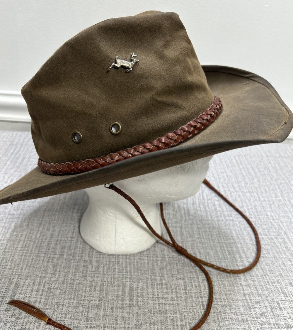 Vintage Outback Trading Grizzly Brown Oilskin Hat 1486 M USA Leather Chinstrap